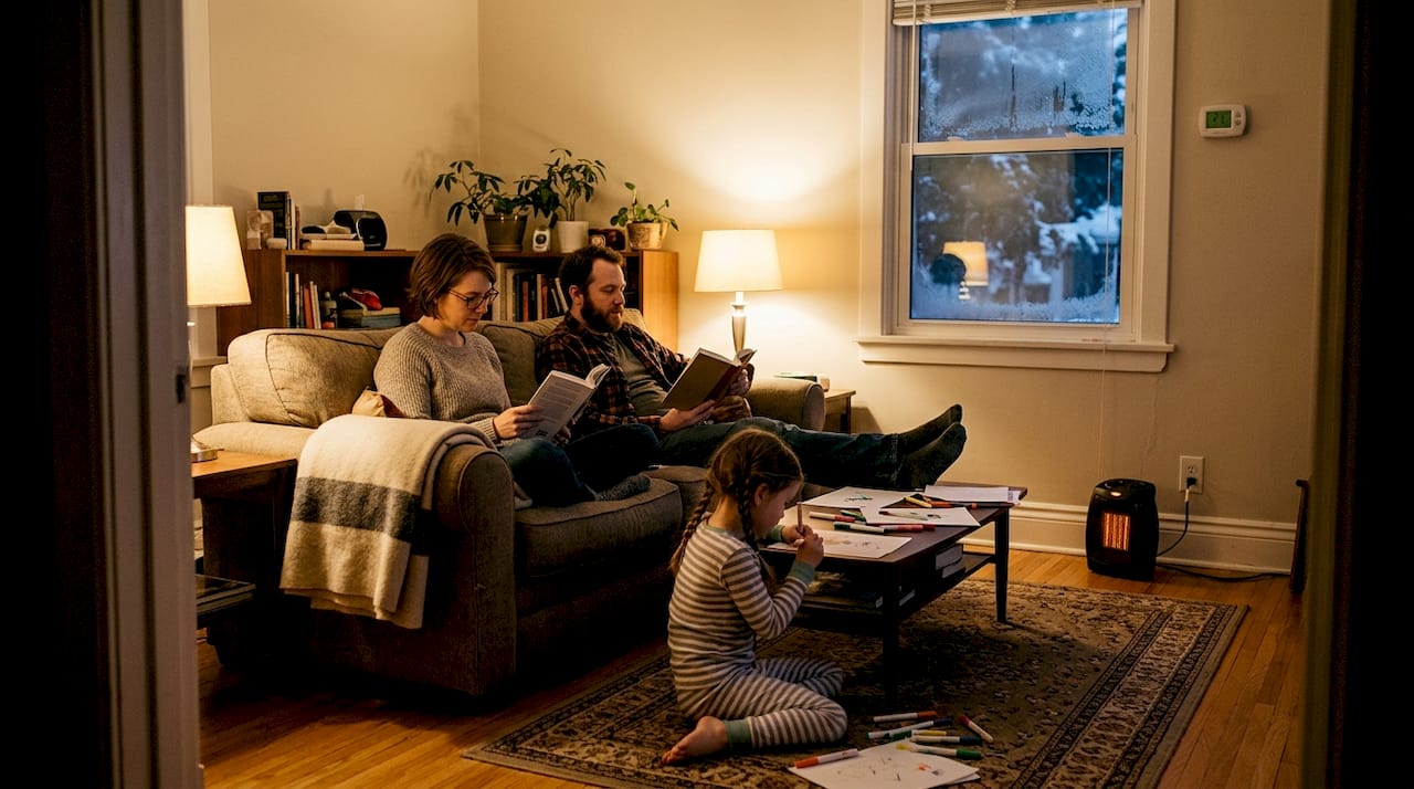 Family using backup heater in living room