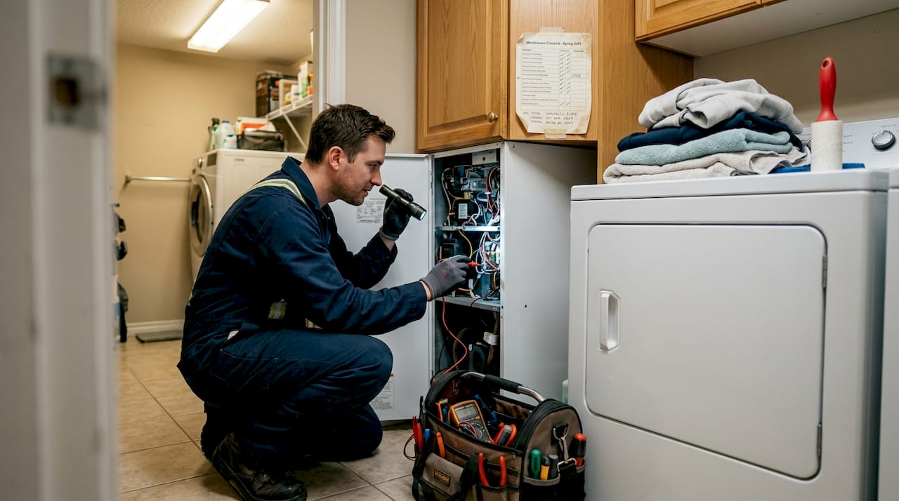 Technician performs heat pump inspection indoors