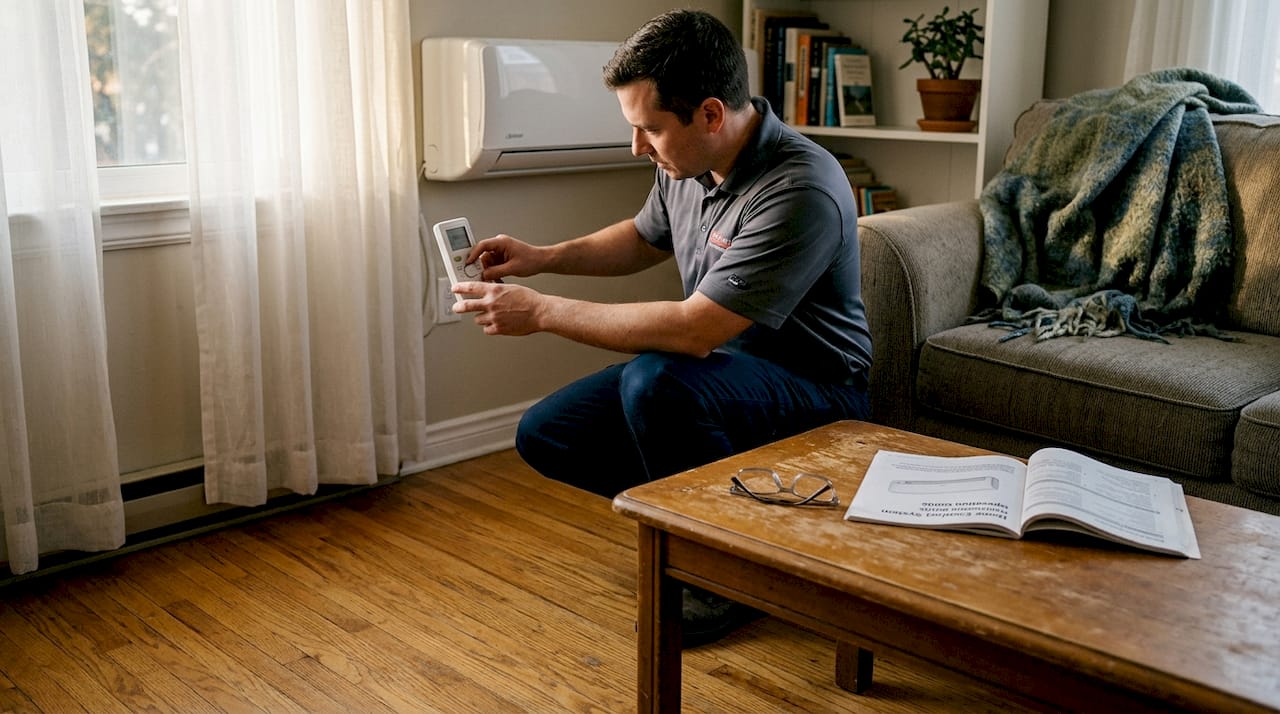 Technician adjusts indoor heat pump controls