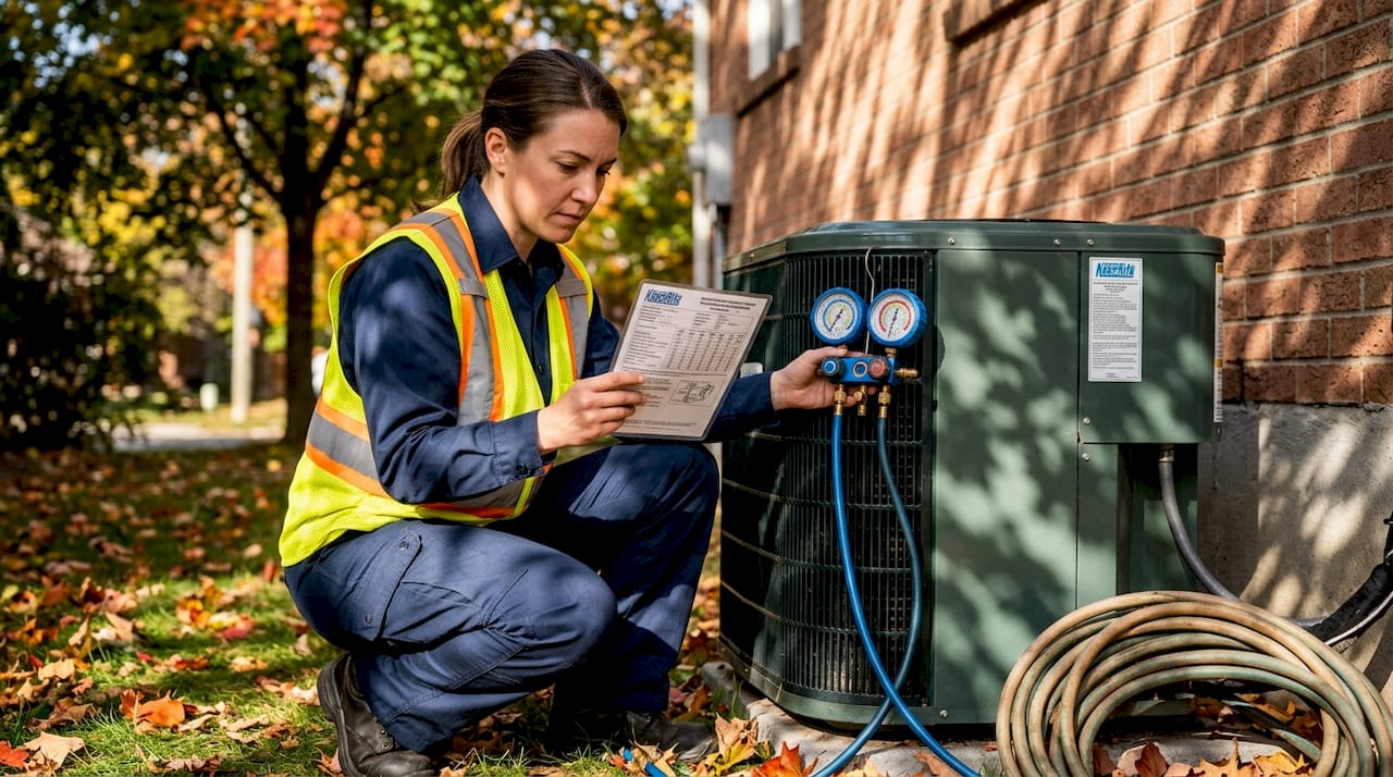 Technician reading manifold gauge at heat pump