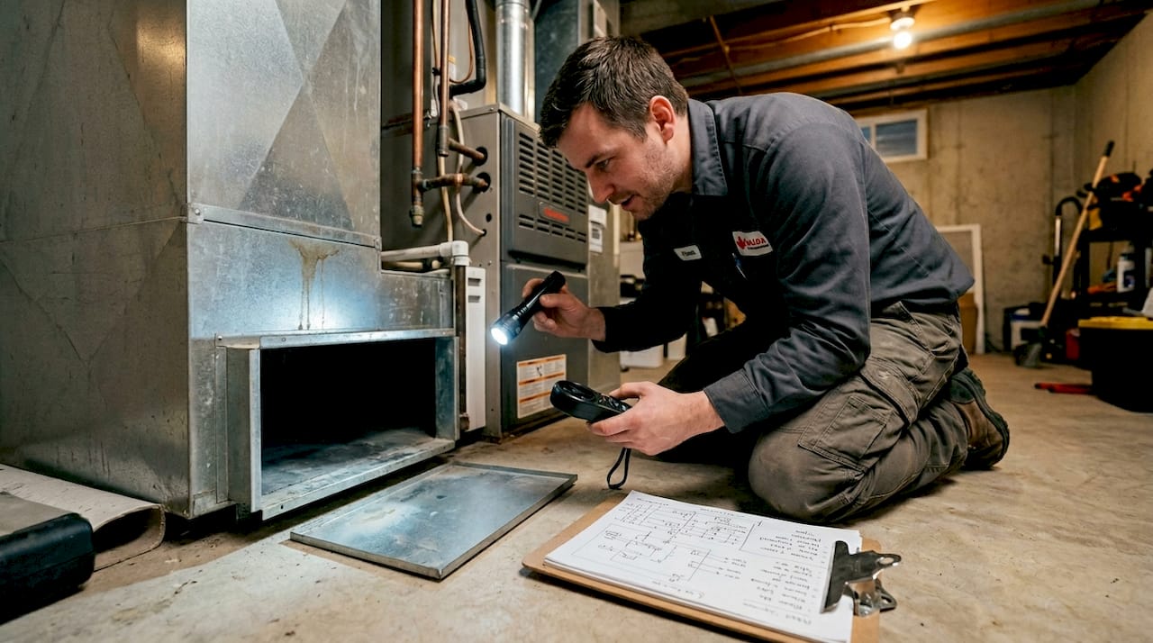 Technician measures airflow in home duct system
