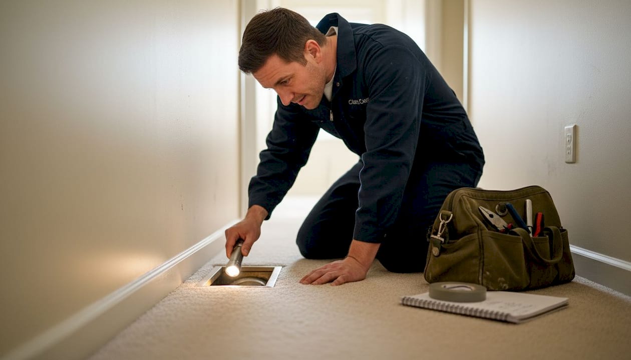 Technician examines ductwork for heat pump suitability