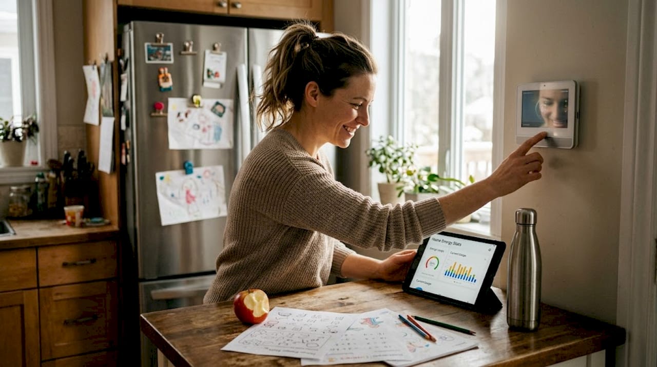 Woman adjusting heat pump control in kitchen