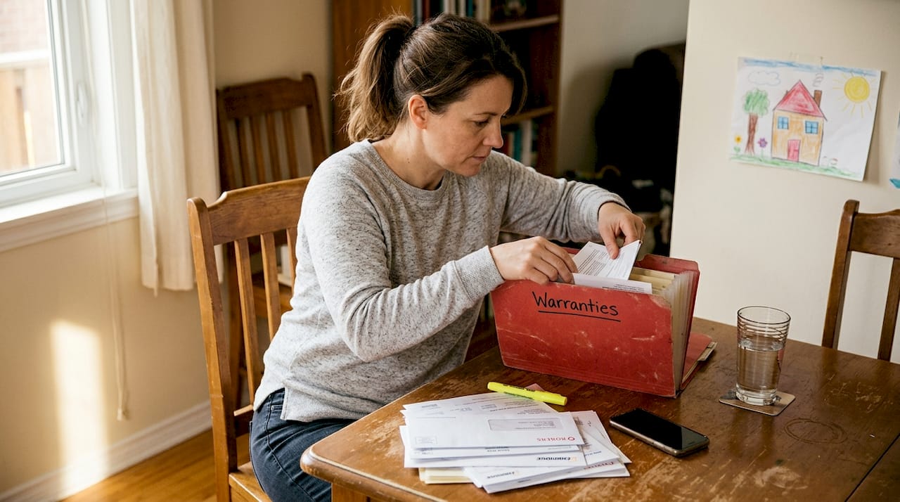 Homeowner organizing heat pump warranty documents