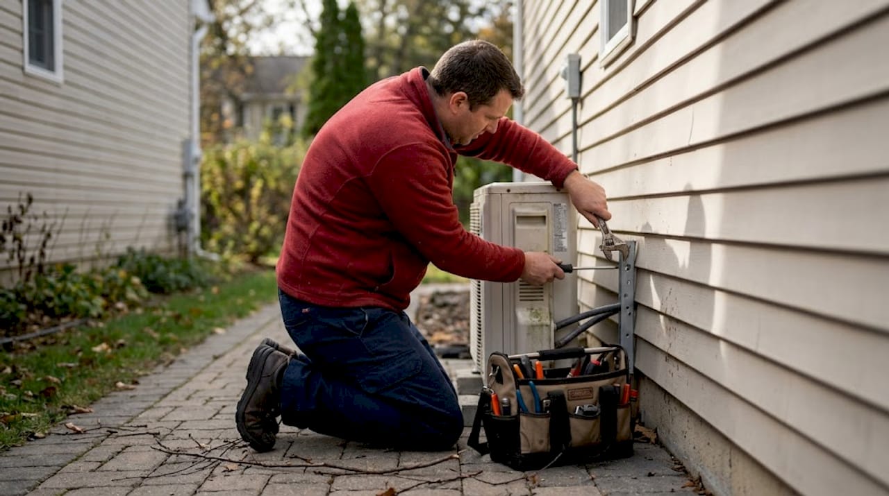 Technician mounting residential heat pump outdoors