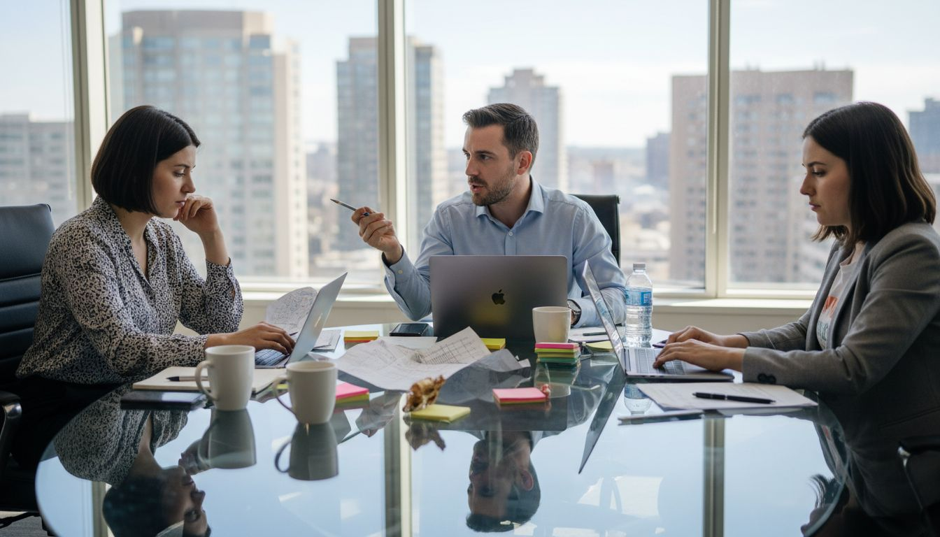 Sales team discussing roadblocks with laptops and notes