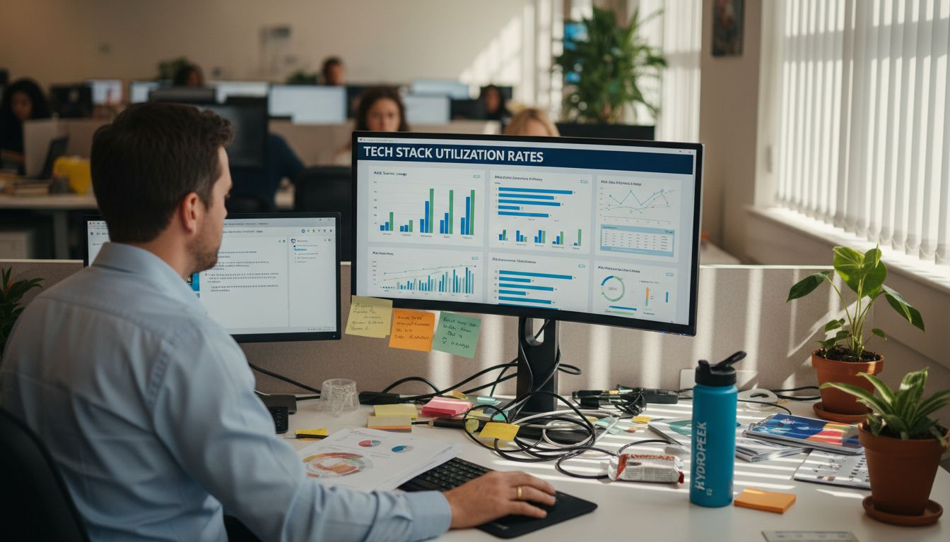 Manager checking technology dashboard at shared desk