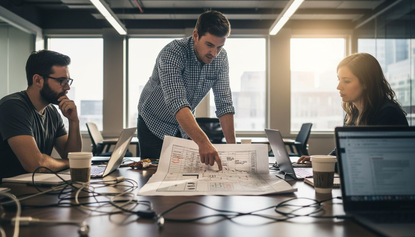 Team reviewing revenue operations pipeline printout