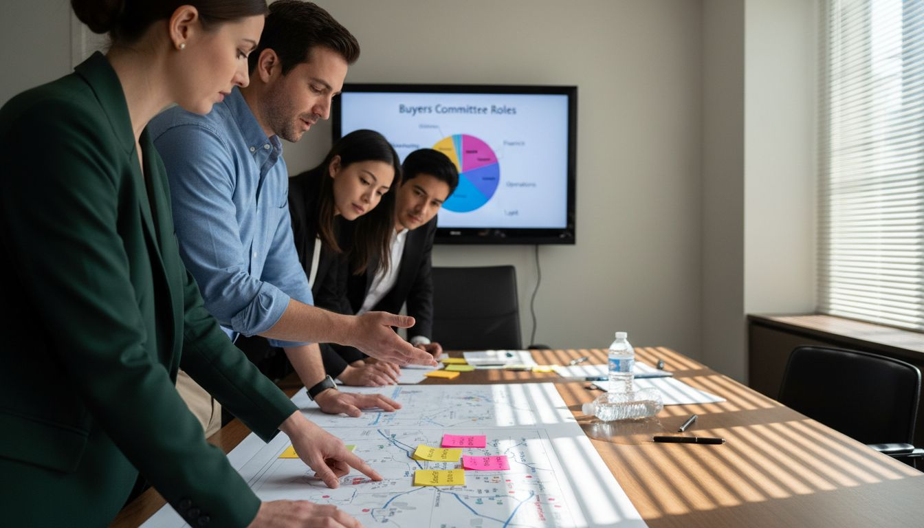 Buyers’ committee reviewing stakeholder maps in conference