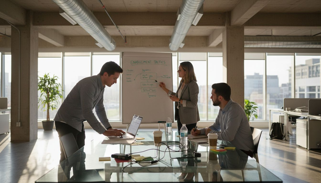 Tech sales team collaborating at workspace