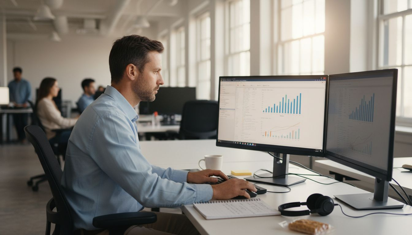 Sales analyst reviews analytics dashboard at desk