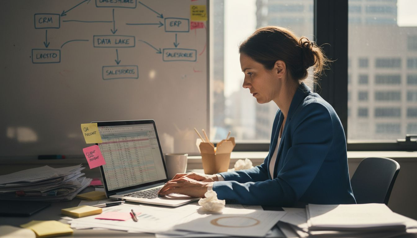 Analyst reviews sales tech stack at messy desk