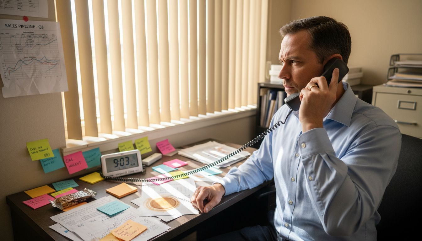 Sales manager tracks pipeline at cluttered desk