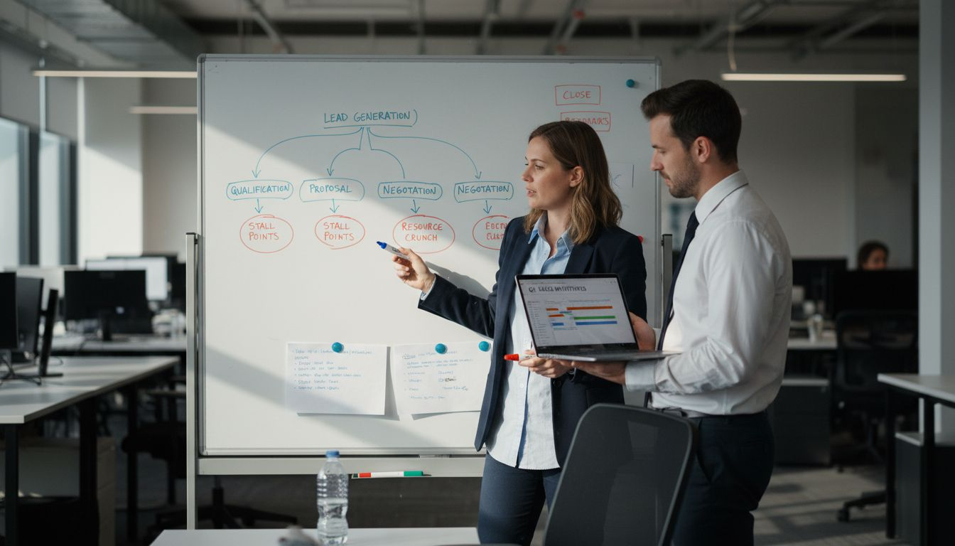 Sales reps marking process steps at whiteboard