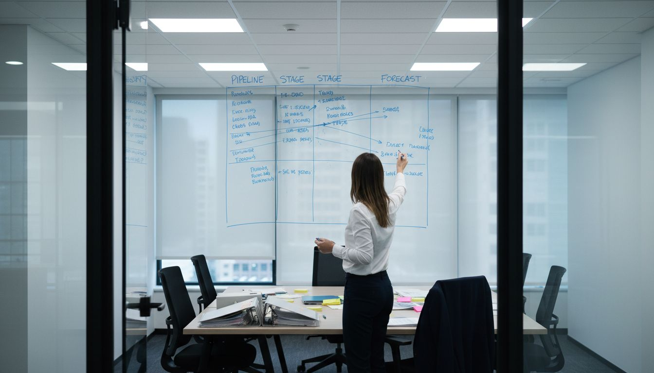 Sales manager marking deal stages on whiteboard