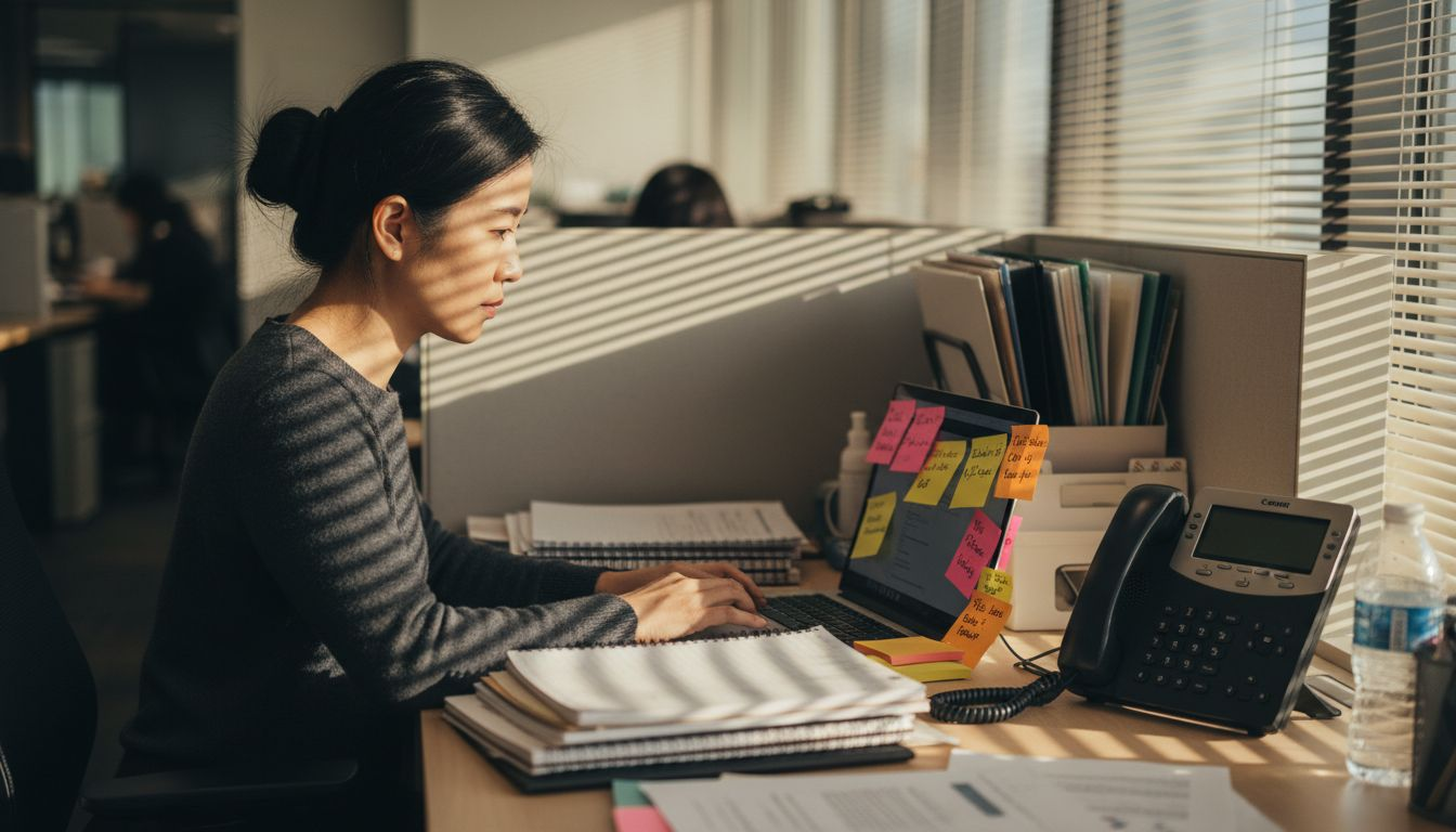 Sales rep updates contacts at cluttered desk