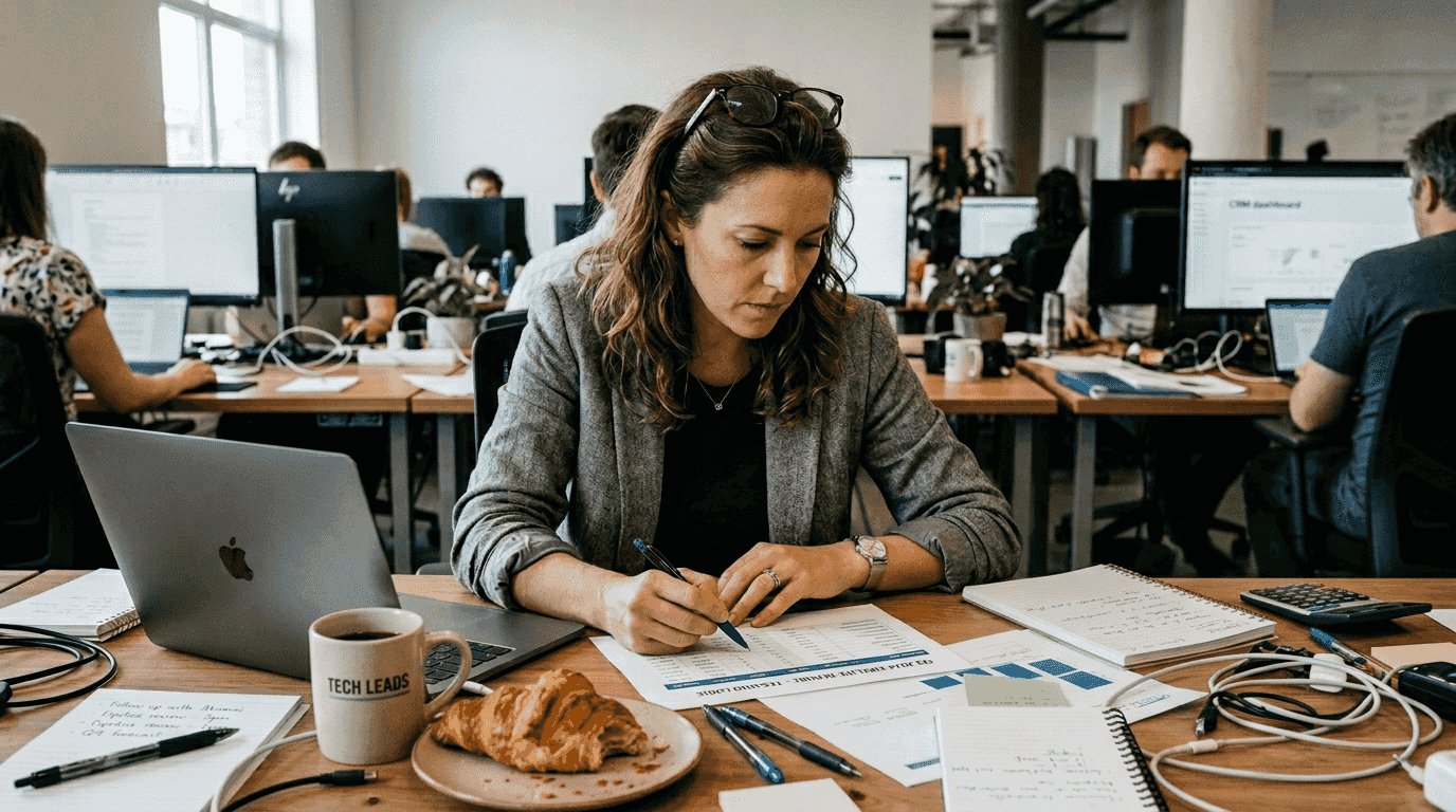 Manager reviewing sales pipeline and buyer notes