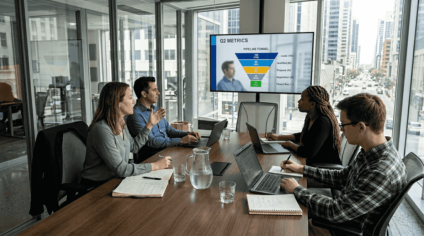 Sales team discussing quarterly pipeline metrics