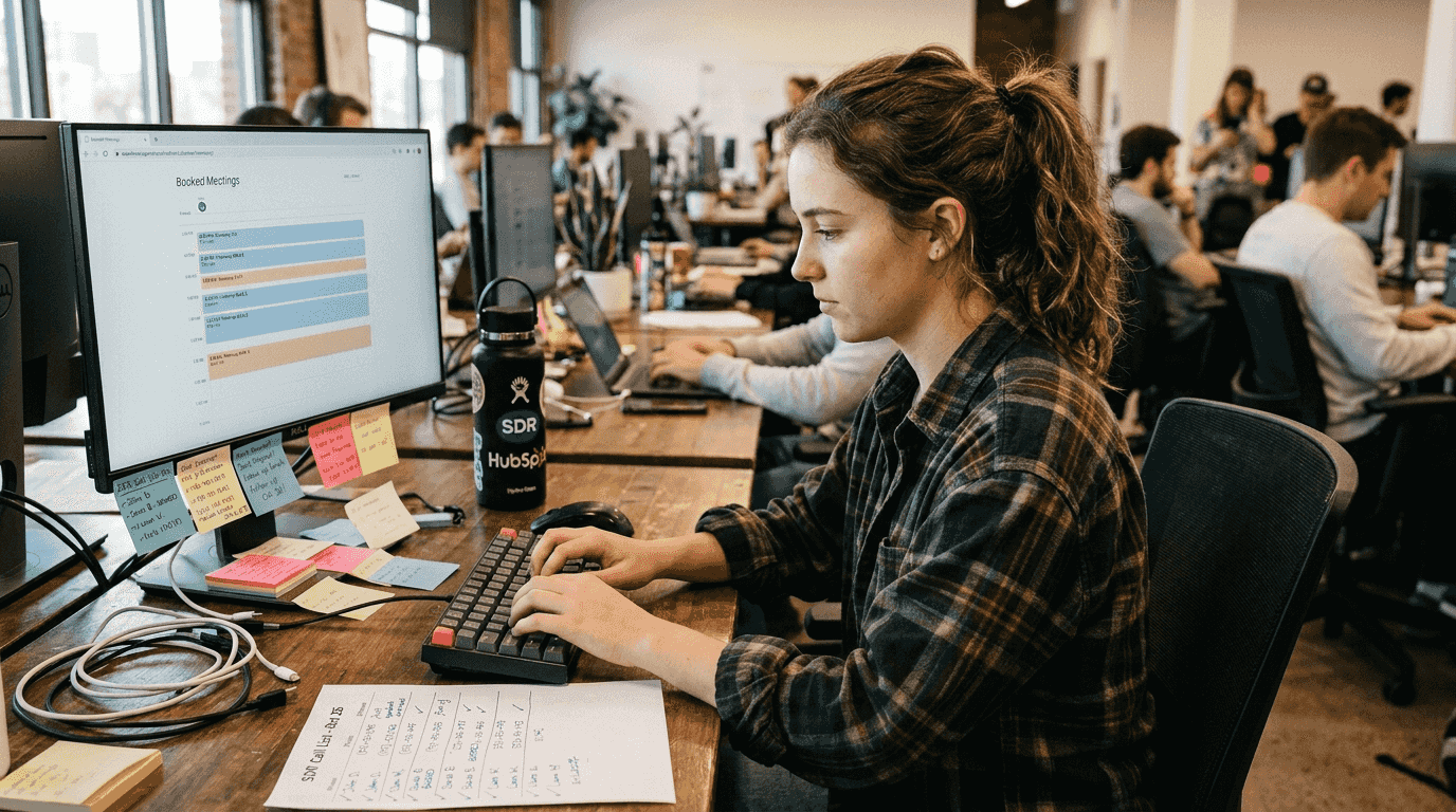 Sales rep booking outbound meetings at desk