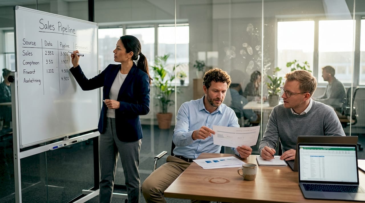 Tech sales team collaborating in meeting room