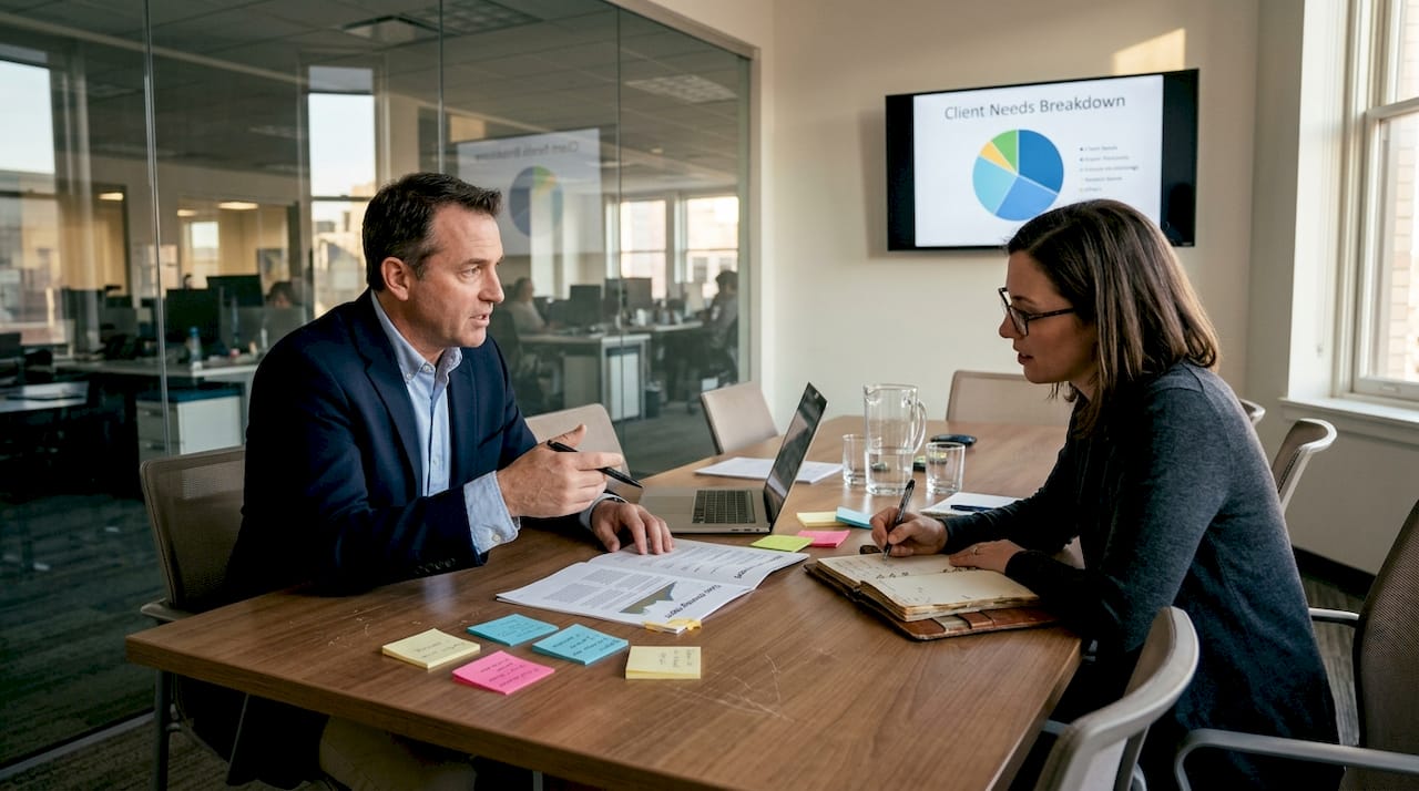 Consultative sales discussion across conference table