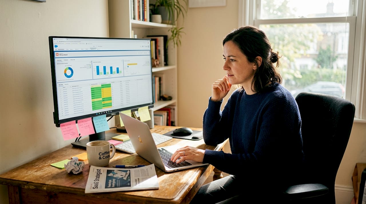 Sales ops associate checking CRM data at desk