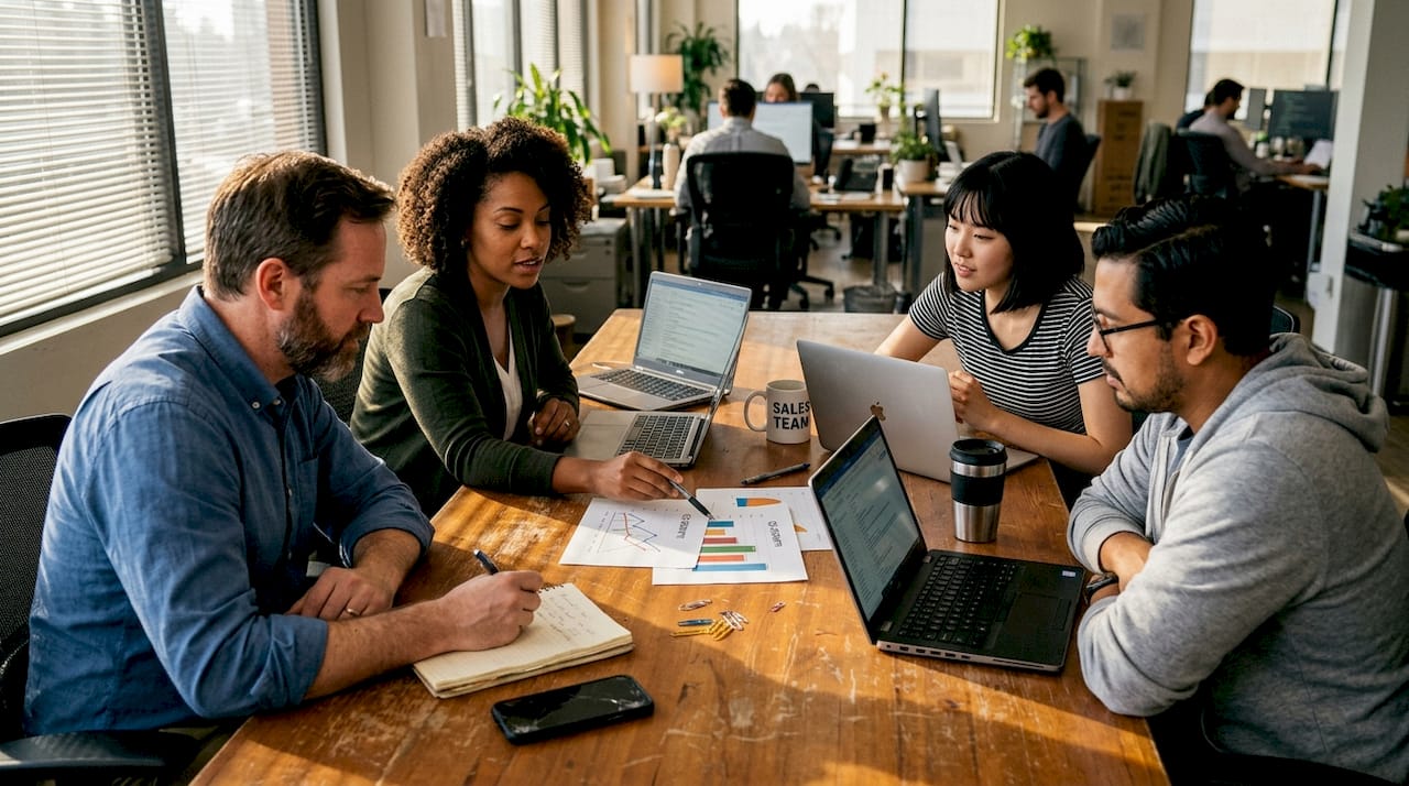 Tech sales team in active meeting setting