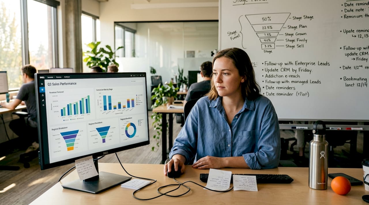 Sales analyst using dashboard and reviewing metrics
