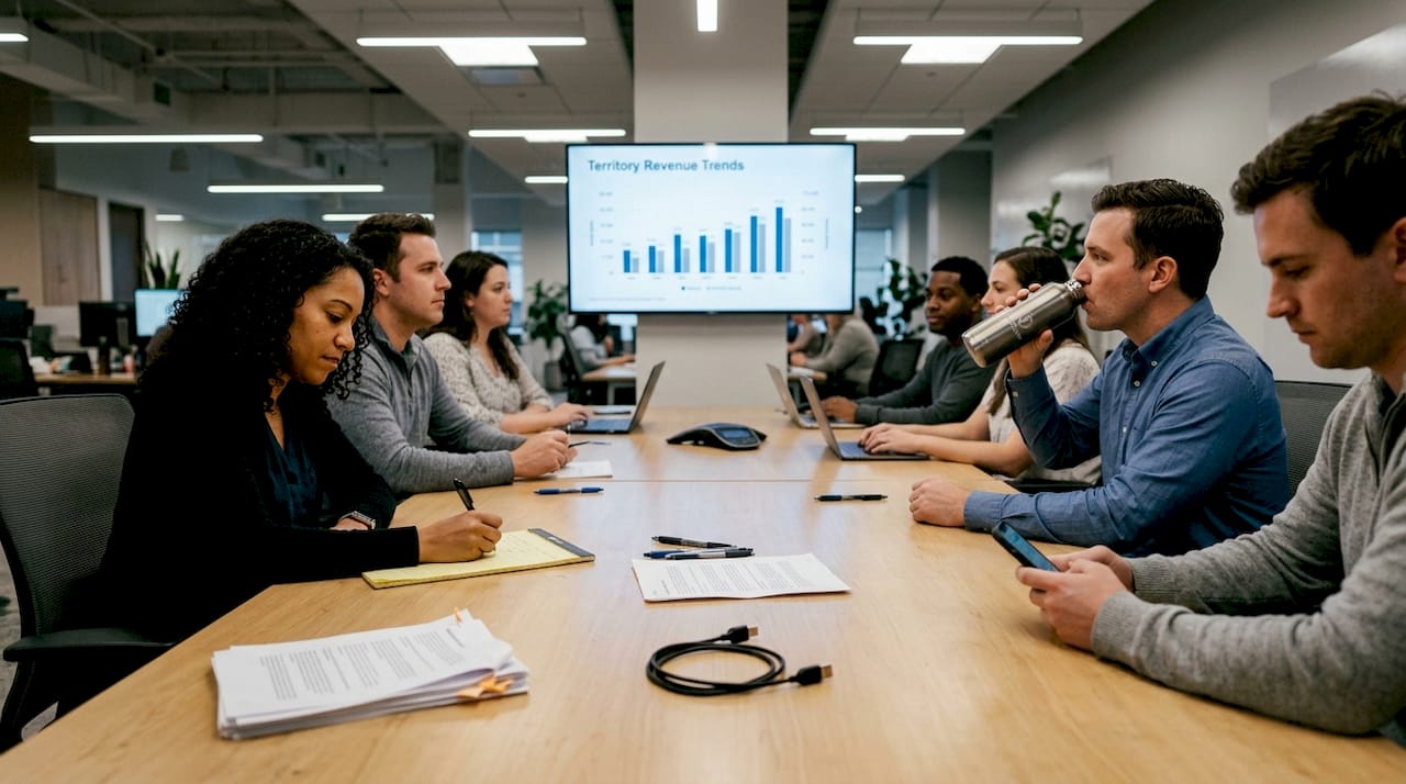 Sales team meeting with revenue chart display