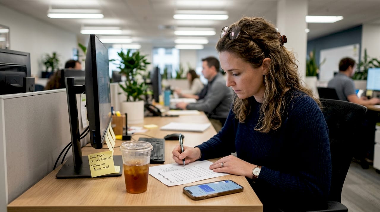Sales analyst marking review checklist at desk