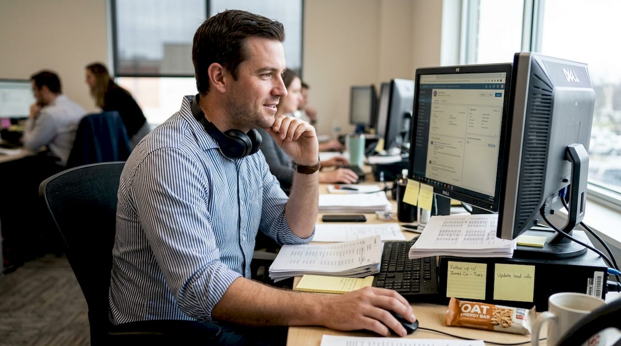 Sales rep updating CRM at cluttered desk