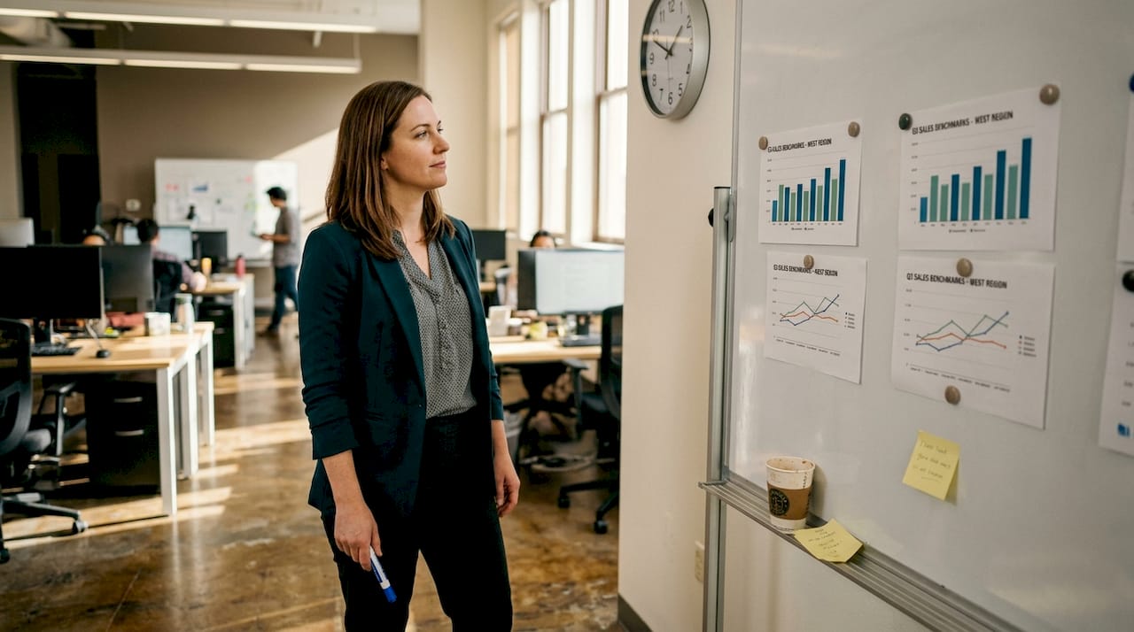 Manager reviewing sales benchmark charts