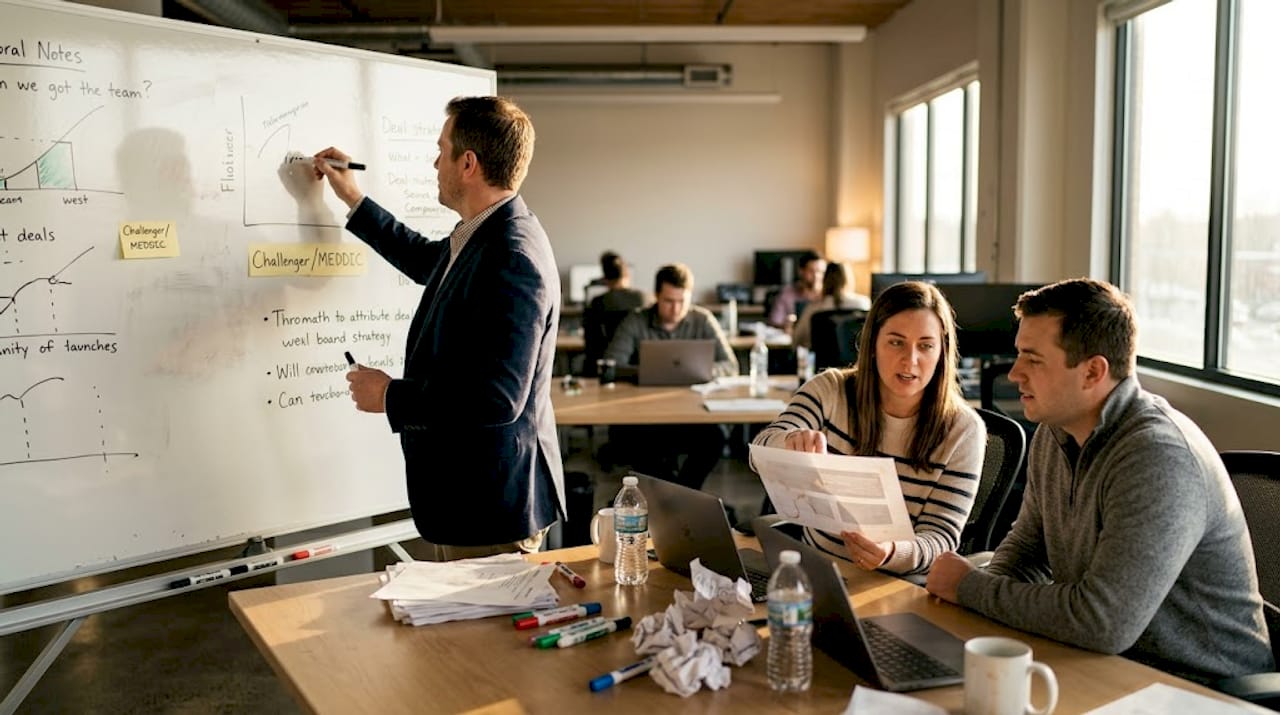 Sales team planning with whiteboard discussion