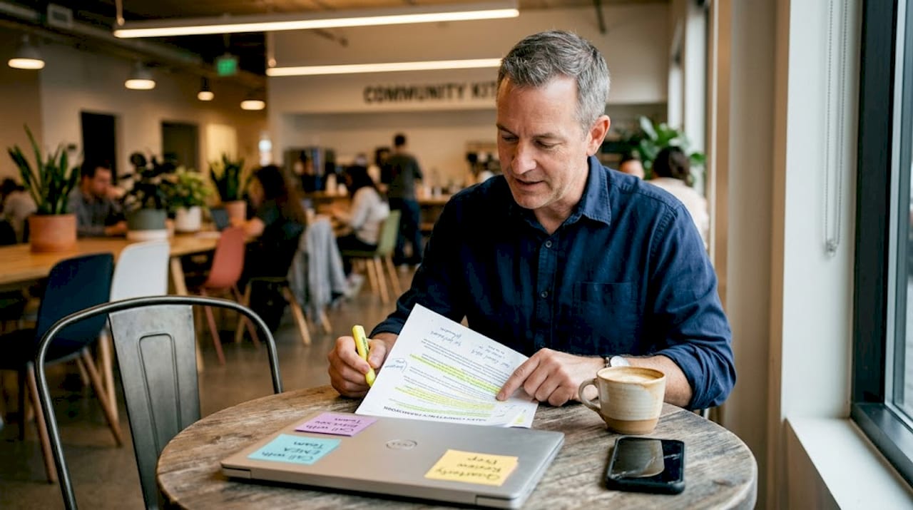 Sales manager reading highlighted framework document
