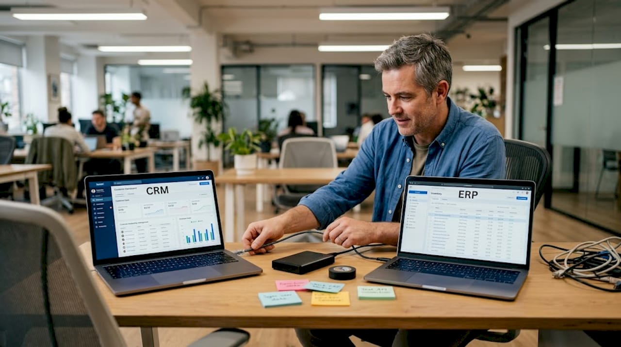 IT specialist connects CRM and ERP laptops
