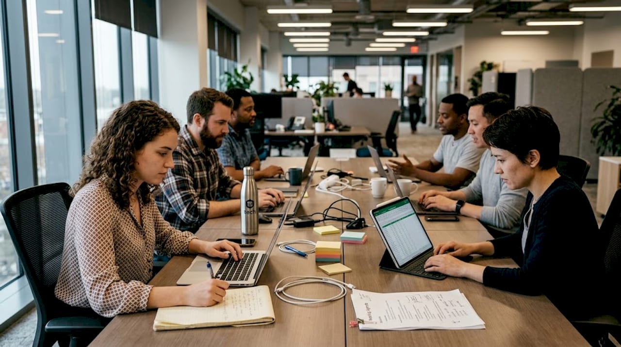 Tech sales team collaborating in open-plan workspace