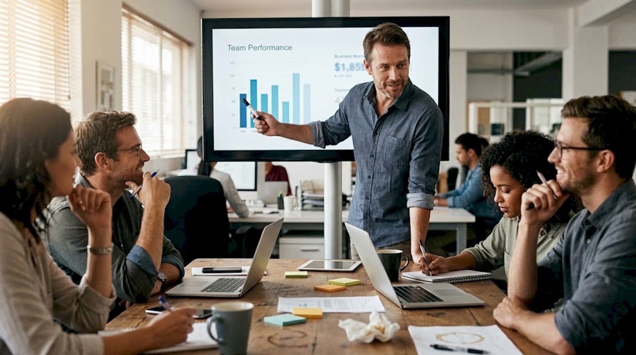 Sales manager leading focused team session