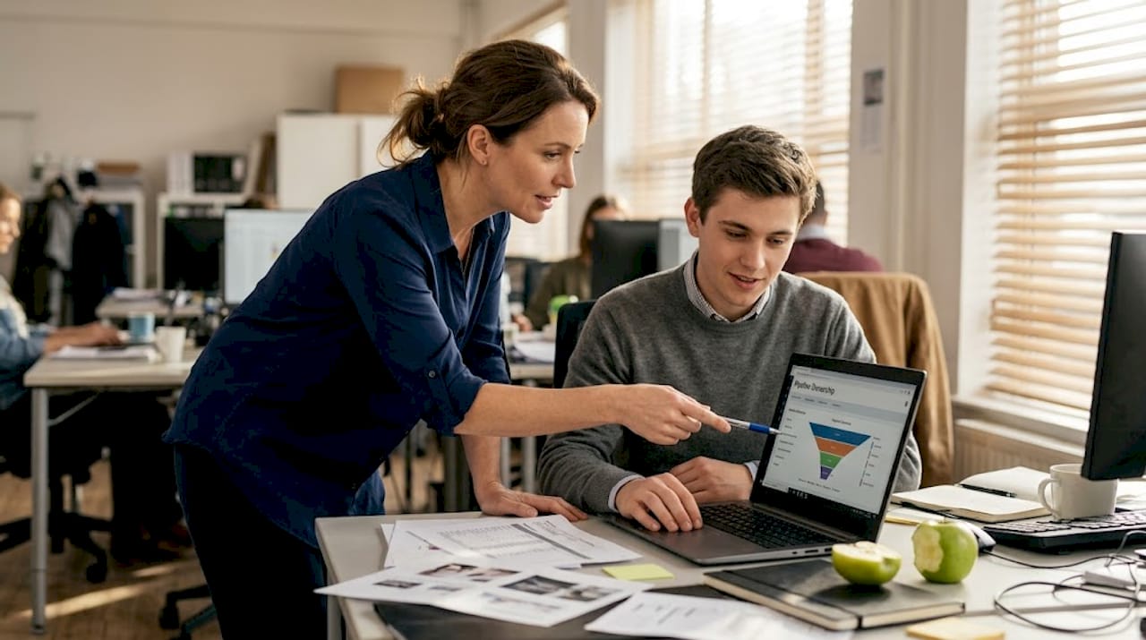 Sales manager coaching rep at shared workspace