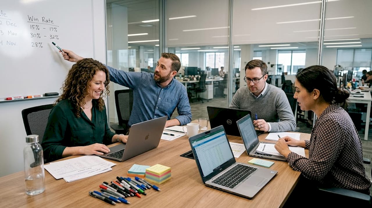 Sales team discussing win rate benchmarks