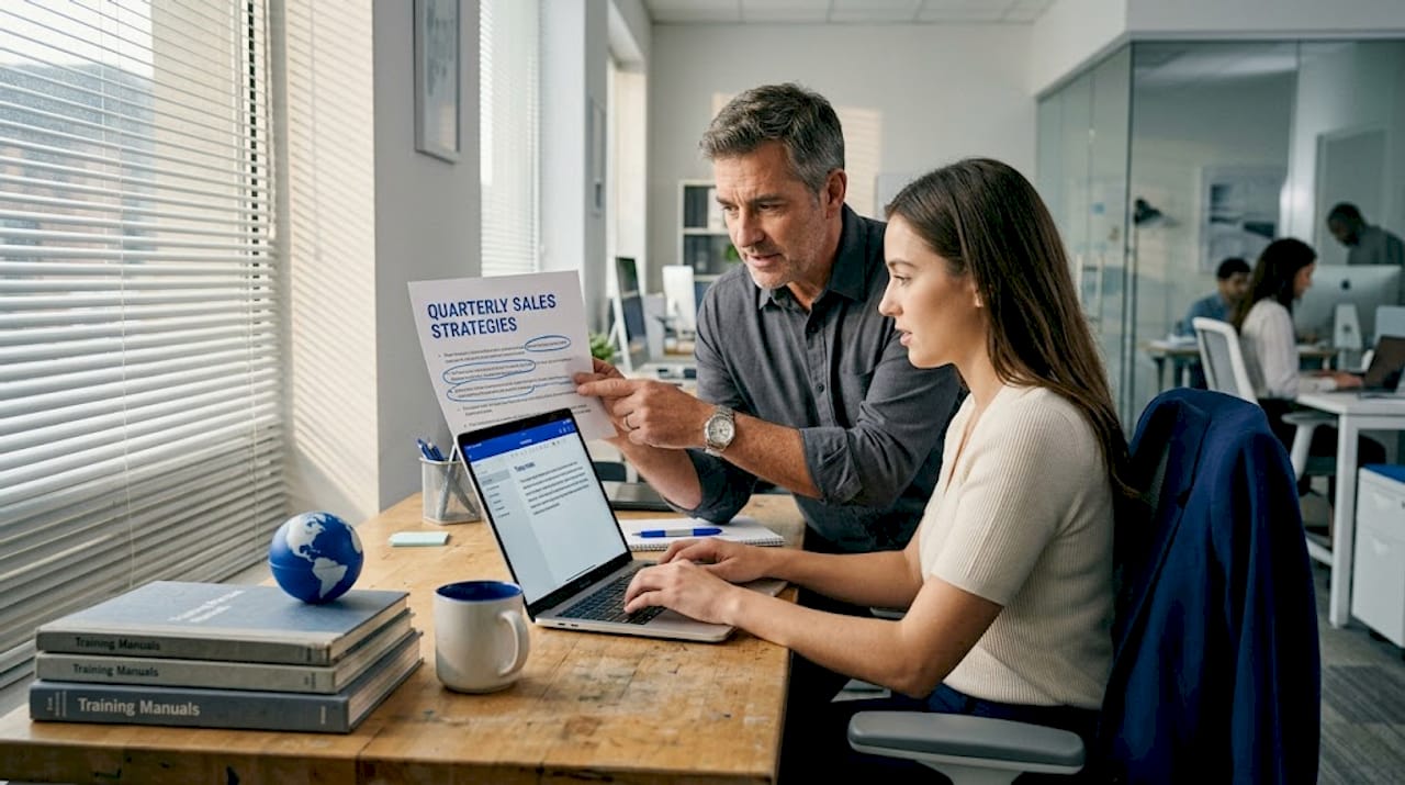 Manager coaches sales rep at desk