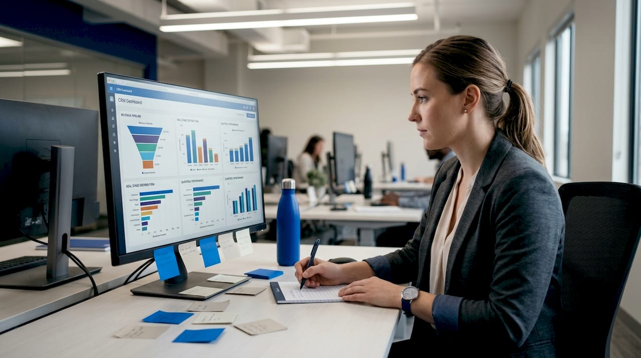 Specialist configuring CRM dashboard in open workspace