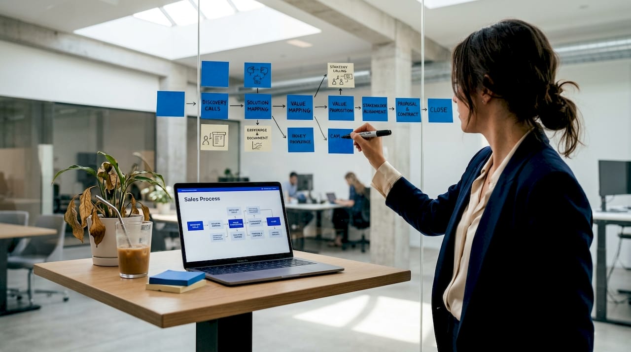 Sales process mapped on office glass wall