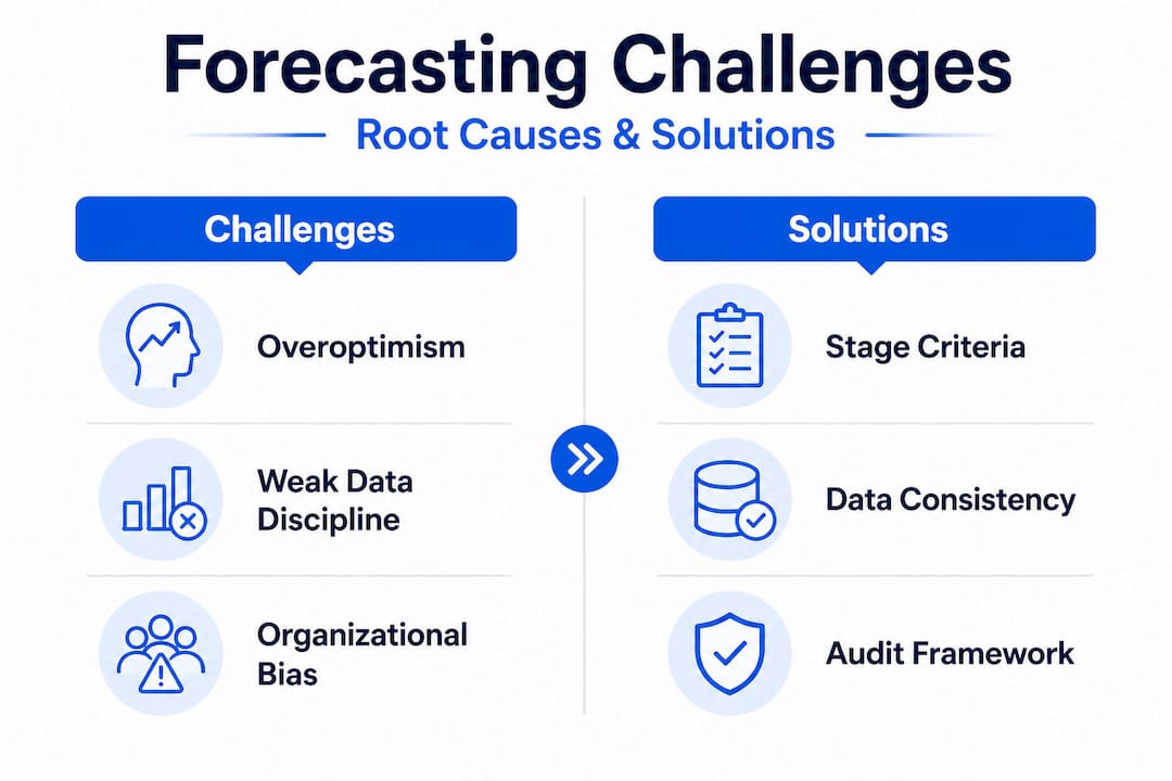 Infographic comparing sales forecasting challenges and solutions