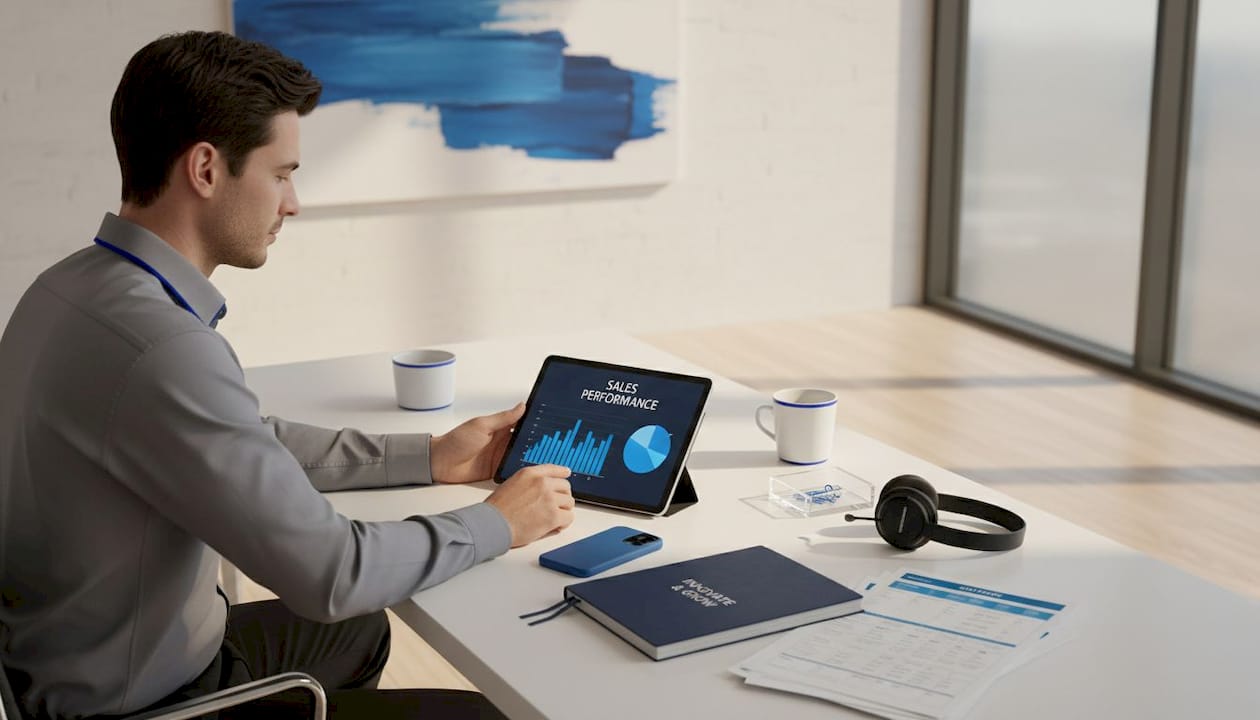 Man at kitchen table doing remote sales work