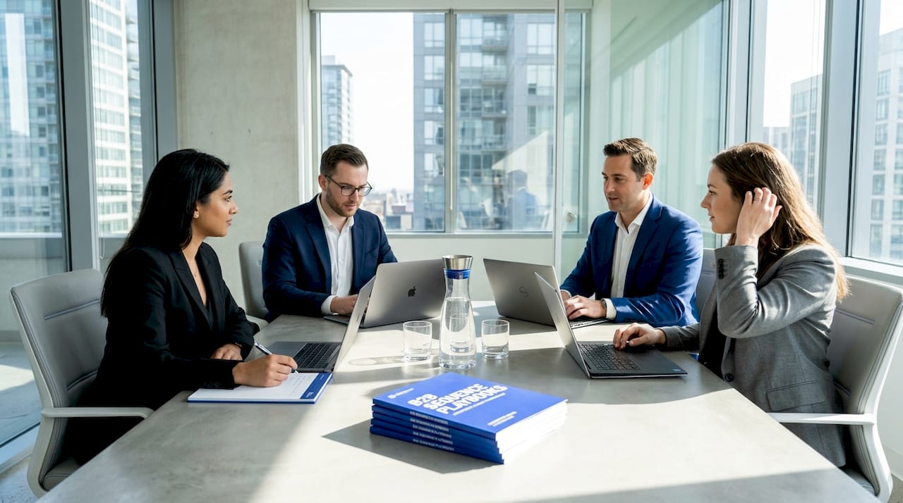 Sales team discussing sequence process at table
