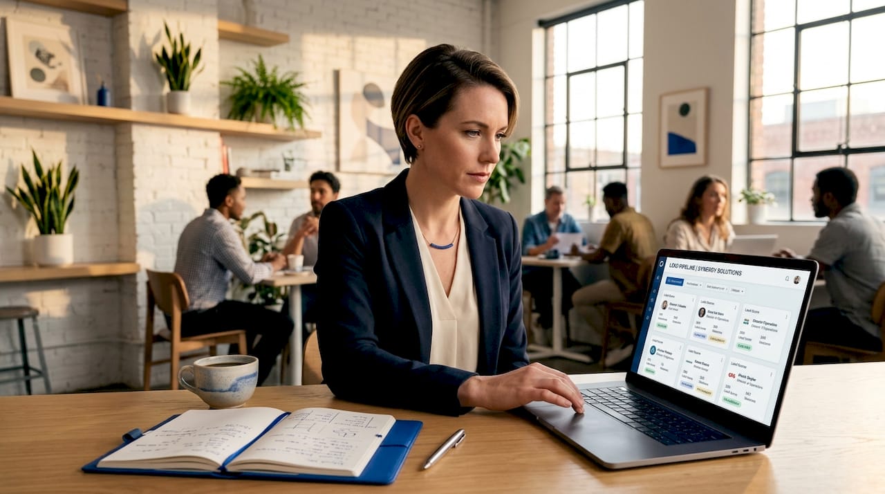 Sales consultant reviewing CRM buyer data