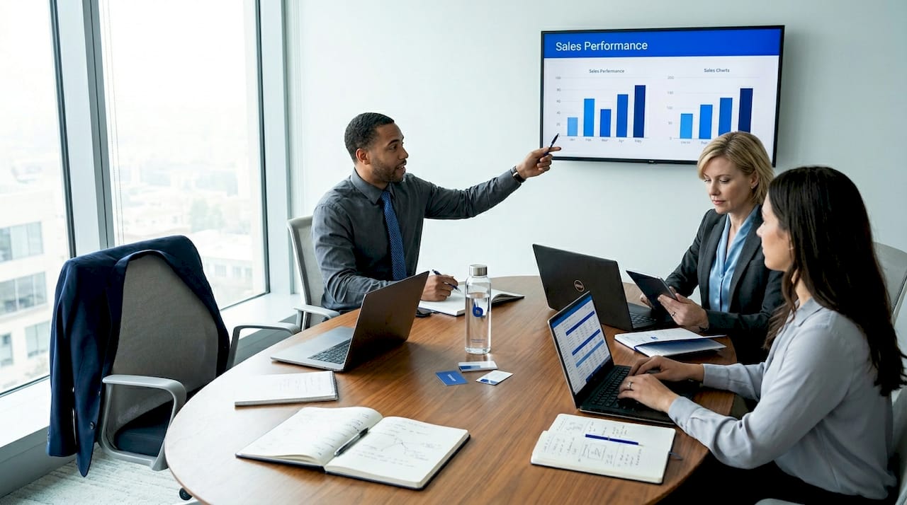 Sales team reviewing KPI dashboard together