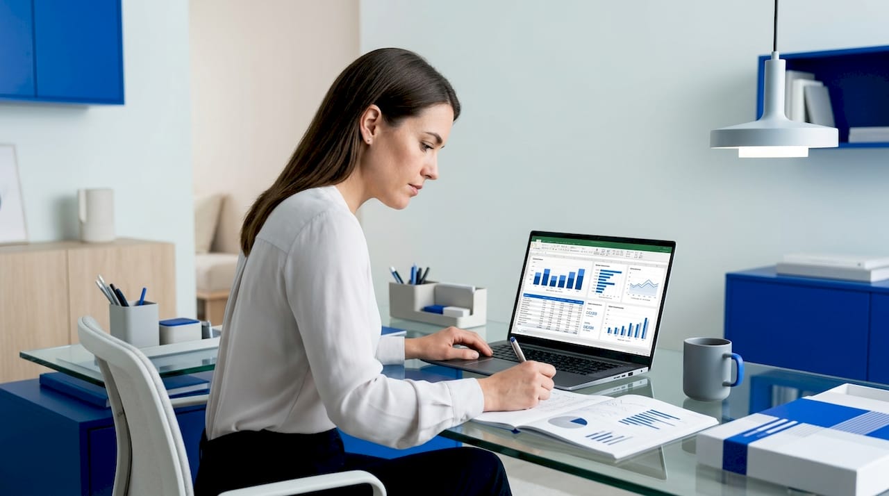 Manager calculating sales capacity at desk