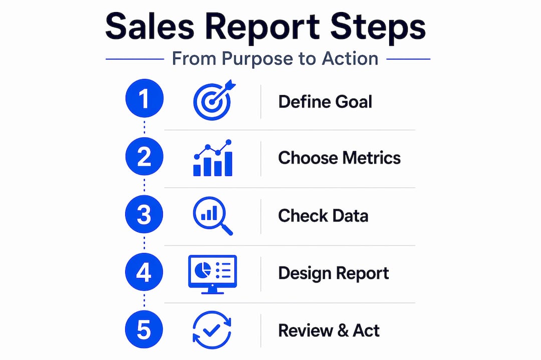 Infographic showing five key sales report steps