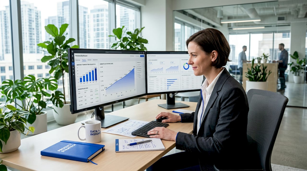 Manager reviewing marketplace revenue dashboard
